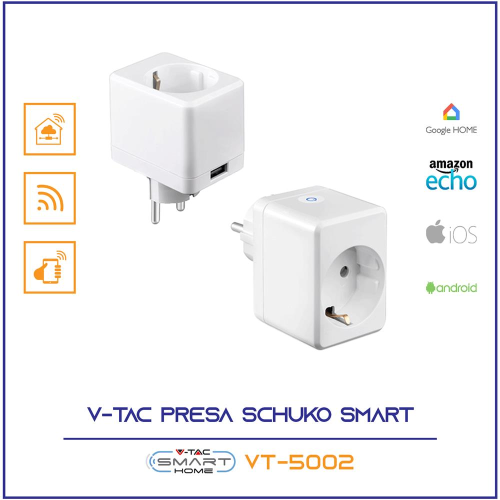 V-TAC SMART VT-5002 PRESA 10A SCHUKO E USB WI-FI CON SPINA SCHUKO - SKU 8416