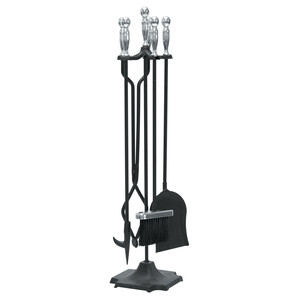 C SET ATTREZZI CAMINO C/STAND 5 PZ ARGENTO